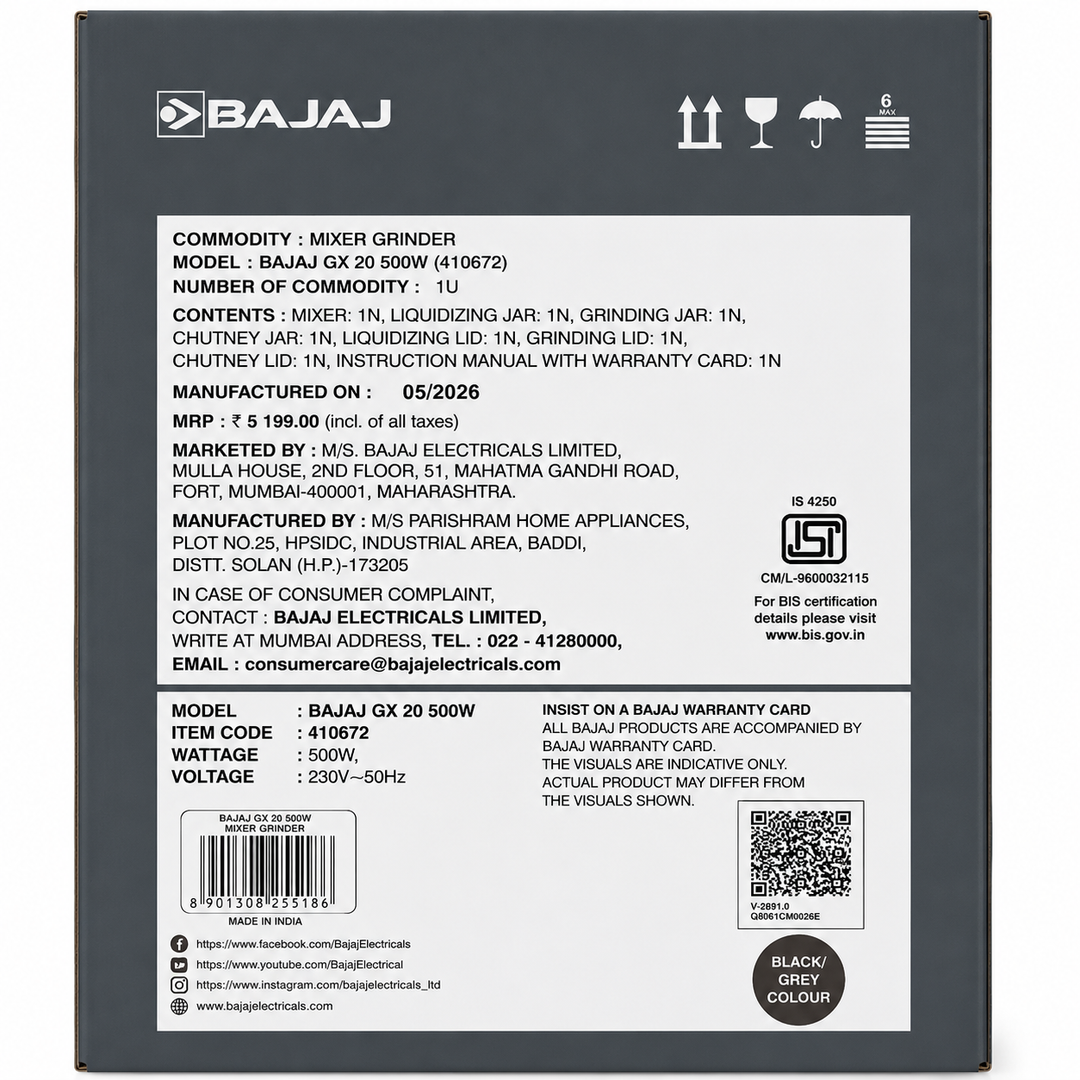 Bajaj GX 20 500W Mixer Grinder