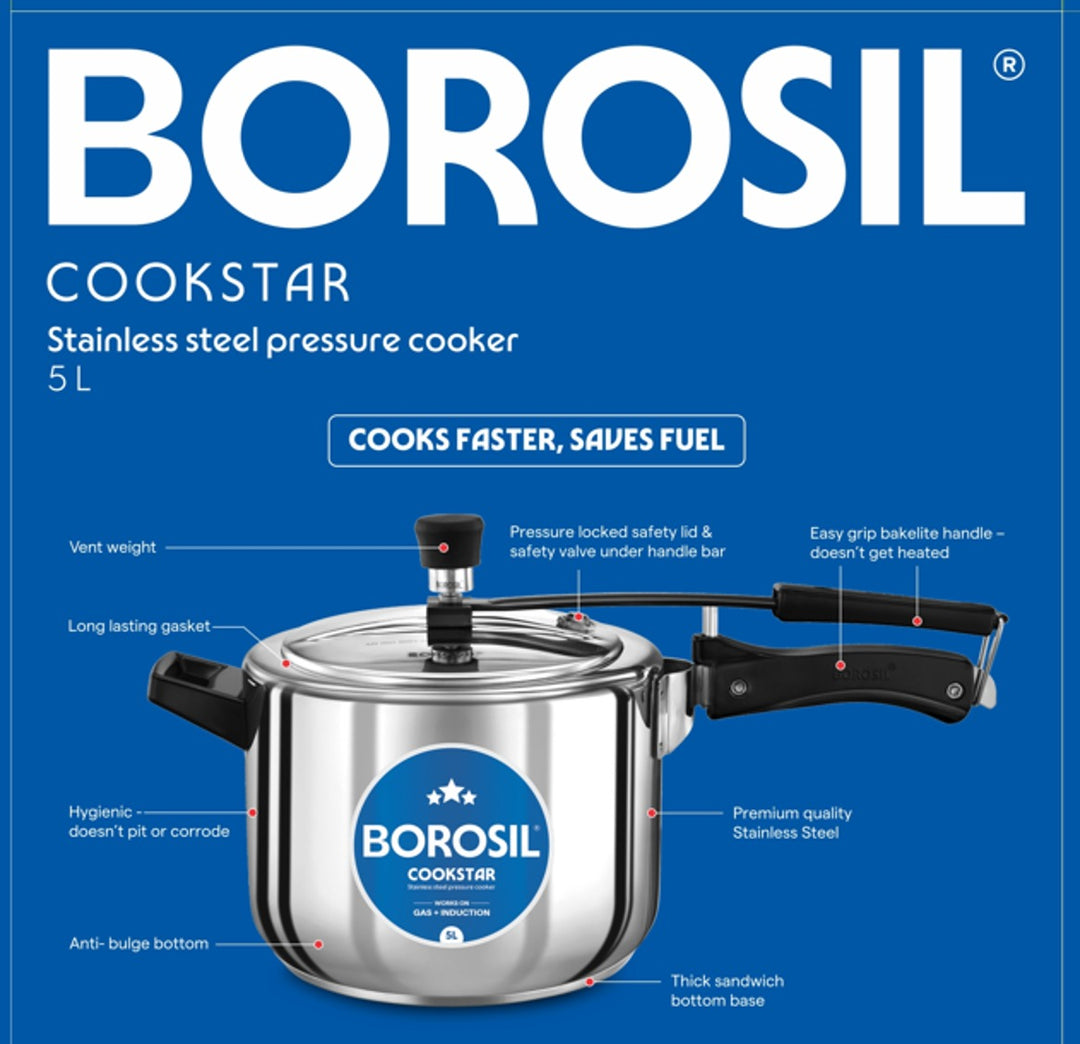 Borosil Stainless Steel Pressure Cooker 5L